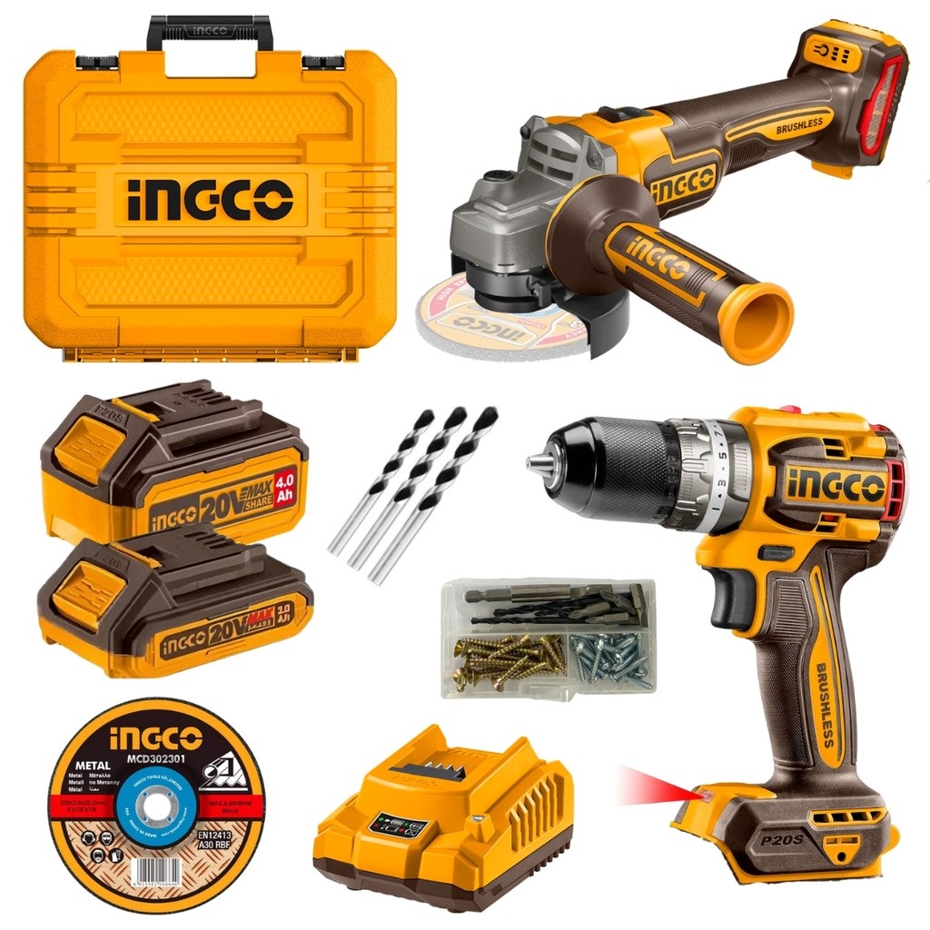 Parafusadeira e Furadeira + Esmerilhadeira à Bateria 20V Ingco CKLI20273-9